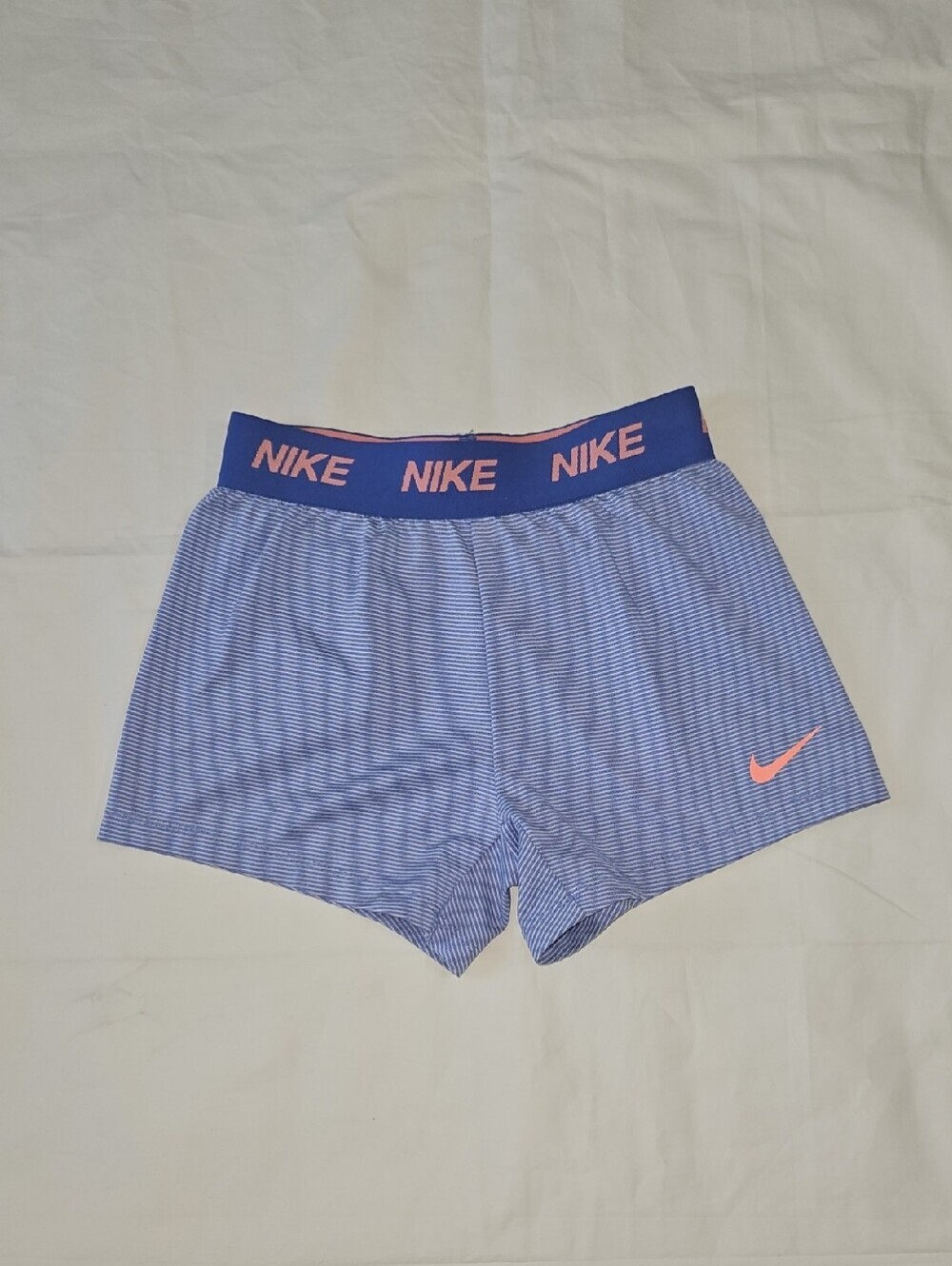 Nike Girl's Blue Striped Athletic Shorts with Pink Logo and Waistband Size 6X